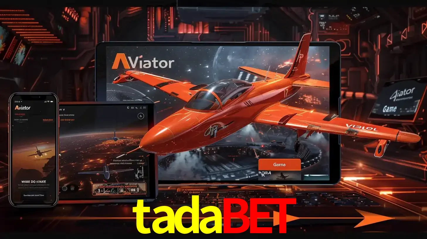 Apresentação tecnológica do jogo Aviator com um avião saindo da tela de um tablet, demonstrando a experiência imersiva em múltiplos dispositivos no tadabet.