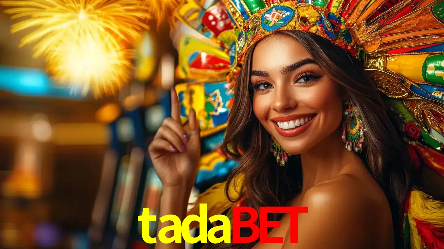 Mulher sorridente com um cocar de carnaval vibrante e colorido, celebrando uma grande vitória nos jogos do cassino tadabet com fogos de artifício ao fundo.