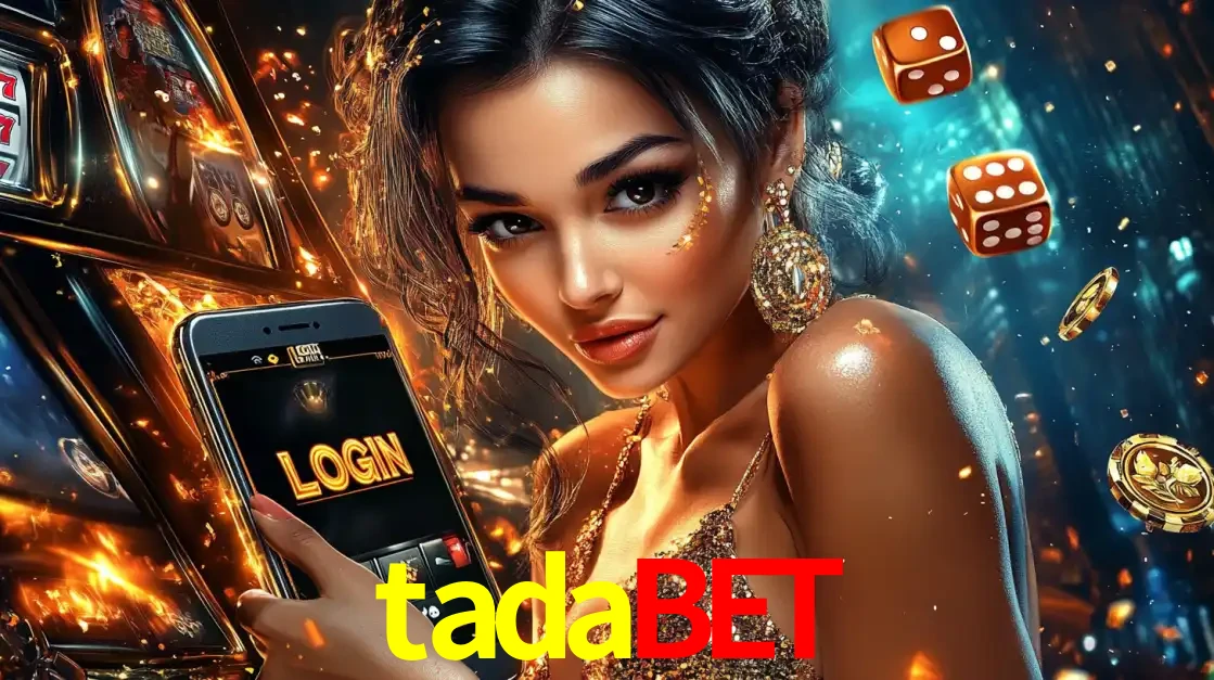 Mulher glamourosa segurando um celular com a tela de login do cassino tadabet, rodeada por dados e moedas douradas, pronta para começar a diversão.
