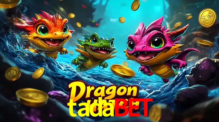 Arte promocional do jogo Dragon Hatch com três adoráveis dragões bebês nadando entre moedas de ouro, um dos slots mais divertidos para jogar no cassino tadabet.