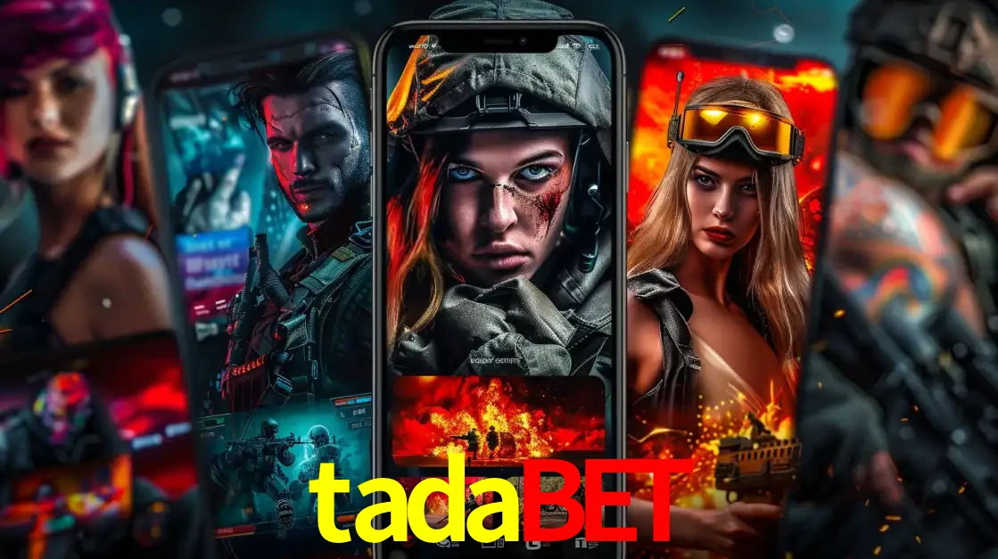 Montagem de telas de celular mostrando diversos personagens, masculinos e femininos, de um jogo de tiro, ilustrando a diversidade de equipes de e-sports para apostar no tadabet.
