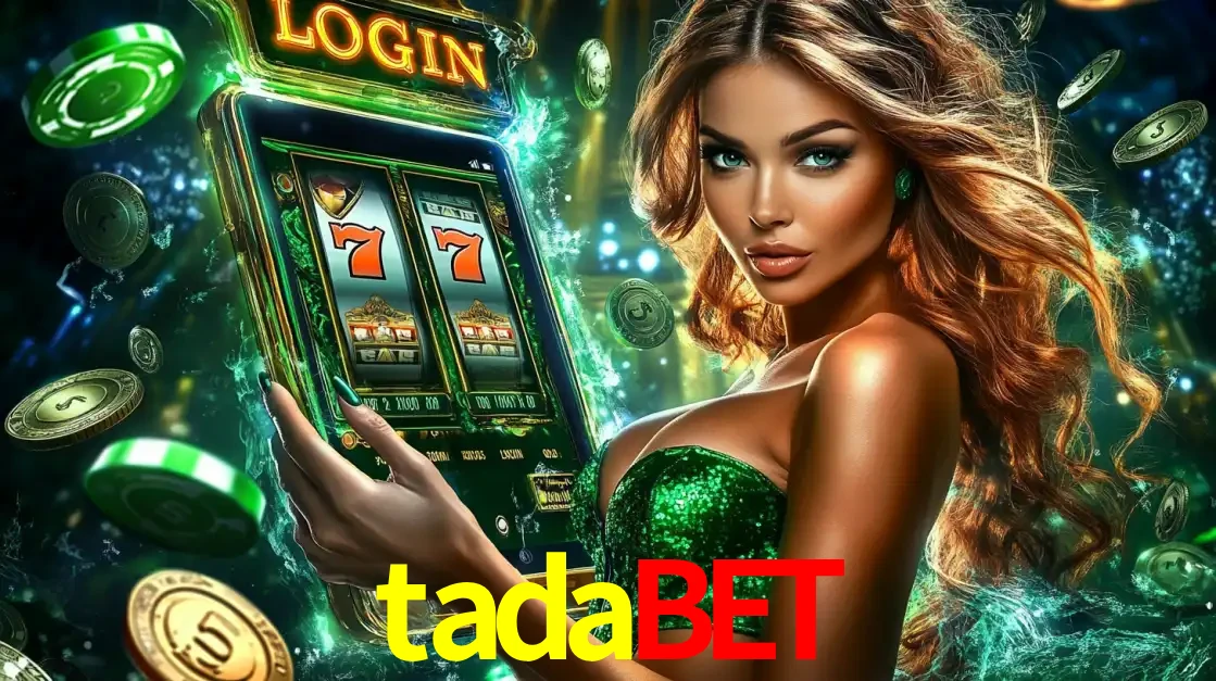Mulher com tema verde apresentando o aplicativo do cassino tadabet com um jogo de slot de 777, cercada por fichas de cassino e uma aura de sorte.