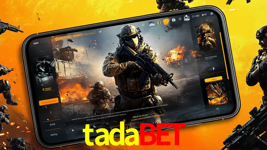 Um smartphone exibindo a interface de um jogo de tiro em primeira pessoa, com um soldado em um cenário de batalha, representando a ação dos e-sports para apostar no tadabet.