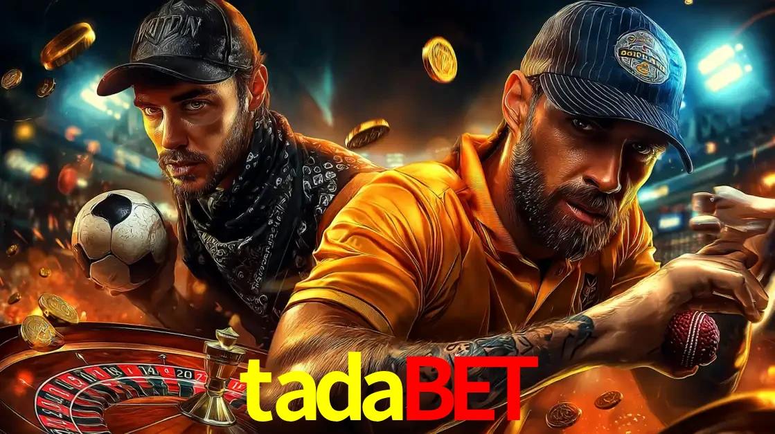 Montagem de apostas esportivas e cassino no tadabet, com um homem segurando uma bola de futebol e outro uma de beisebol sobre uma roleta e moedas voadoras.