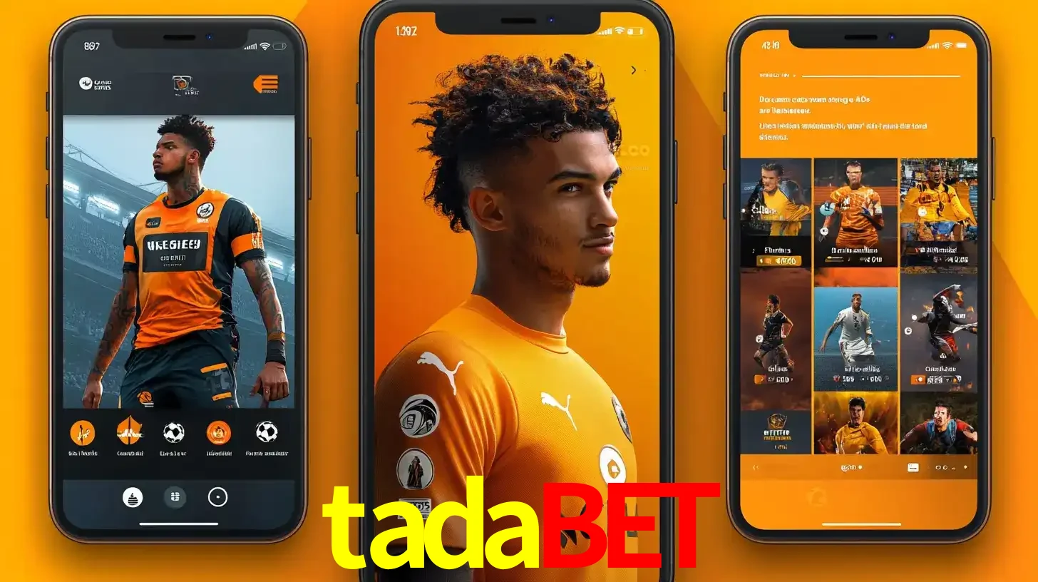 Interface do aplicativo de apostas esportivas tadabet em três telas de celular, mostrando o perfil de um jogador de futebol e a lista de jogos disponíveis para apostar.