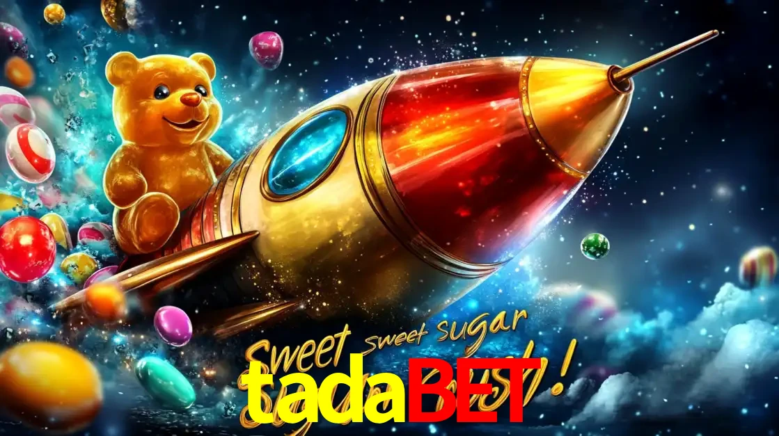 Arte promocional do jogo de slot Sugar Rush, com um urso de pelúcia em um foguete viajando pelo espaço de doces, um dos jogos divertidos disponíveis no cassino tadabet.