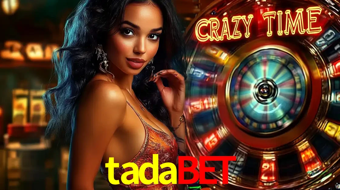 Mulher elegante ao lado da vibrante roda da fortuna do jogo de cassino ao vivo Crazy Time, um dos game shows mais populares e cheios de prêmios do tadabet.