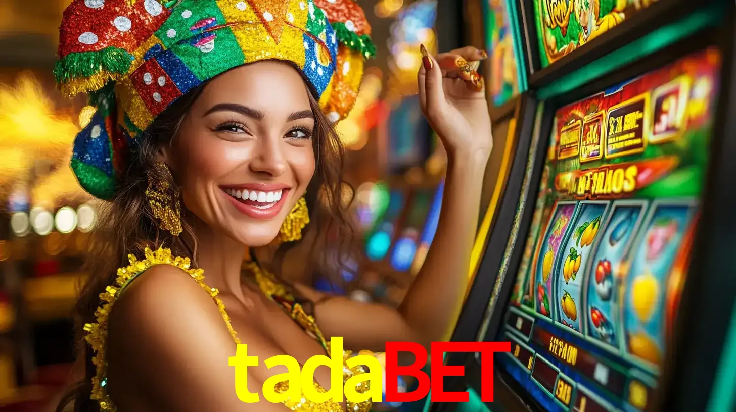 Mulher feliz com traje de carnaval amarelo e colorido ao lado de uma máquina de caça-níqueis, aproveitando a diversão e os jogos temáticos do cassino tadabet.