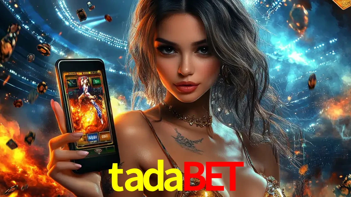 Mulher segurando um celular com um jogo de slot em destaque, tendo como fundo um estádio vibrante, simbolizando a emoção de jogar no cassino móvel tadabet.