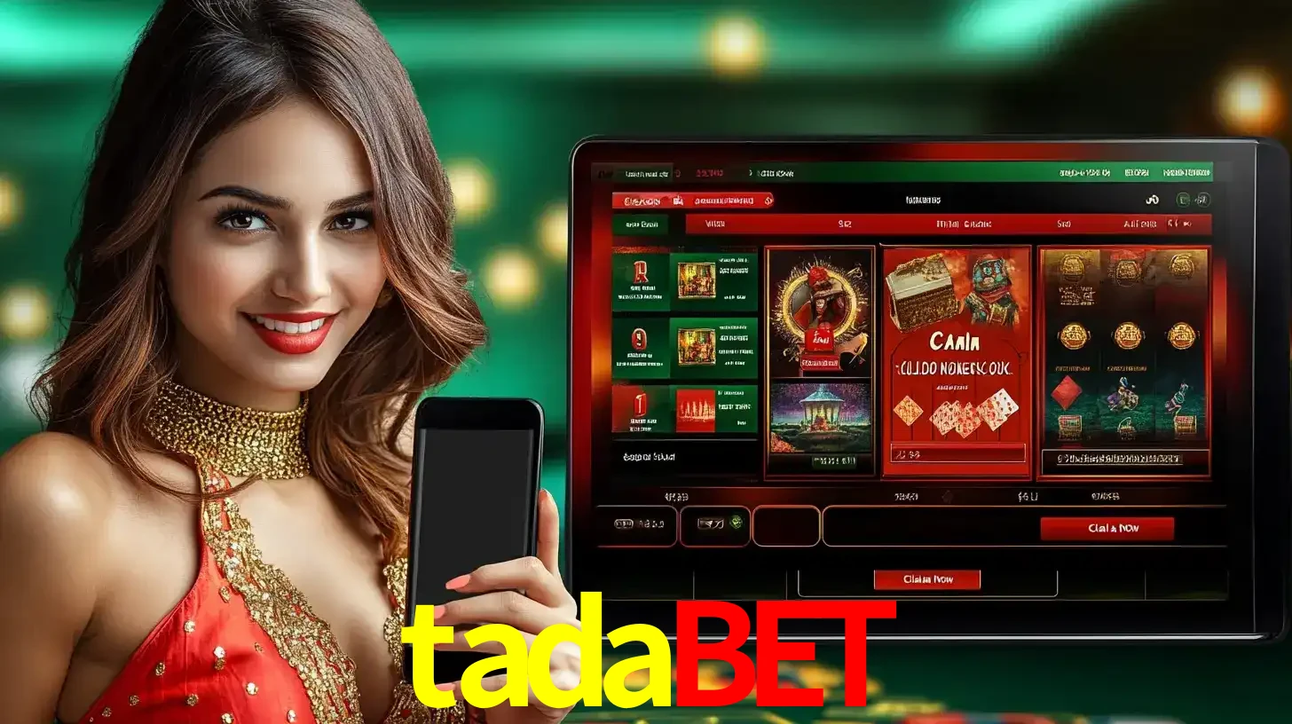 Mulher sorridente segurando um smartphone, ao lado de uma tela exibindo o lobby de jogos do cassino online tadabet, com várias opções de jogos de cartas e slots.